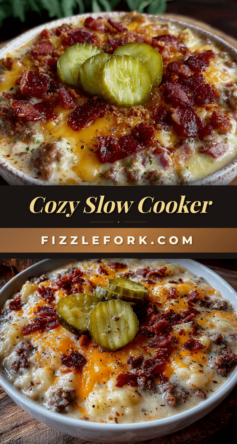 cozy slow cooker cheeseburger soup with pickles recipe